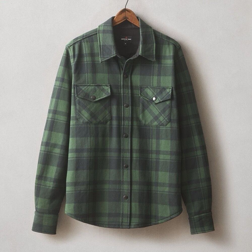 American Giant Redwood Fleece Overshirt Mens Large Green Moss Plaid Workwear NWT